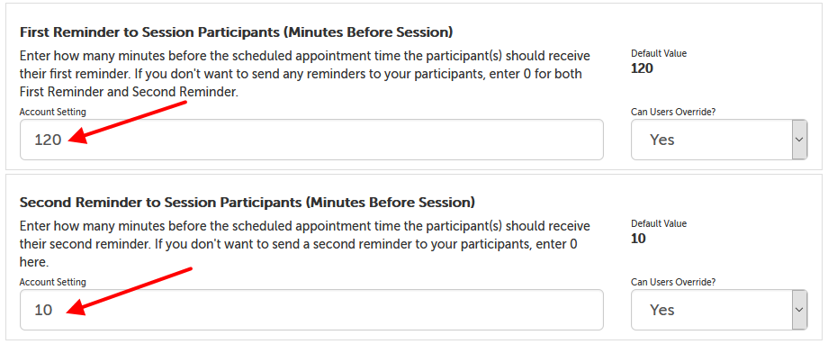 Arrow pointing to the account setting field