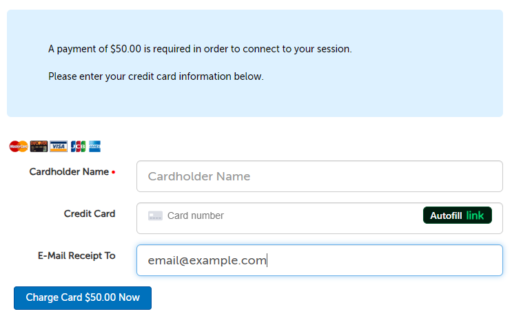 Example of credit card screen, with fields: Cardholder Name, Credit Card number, MM/YY, CVC, and E-Mail Receipt To