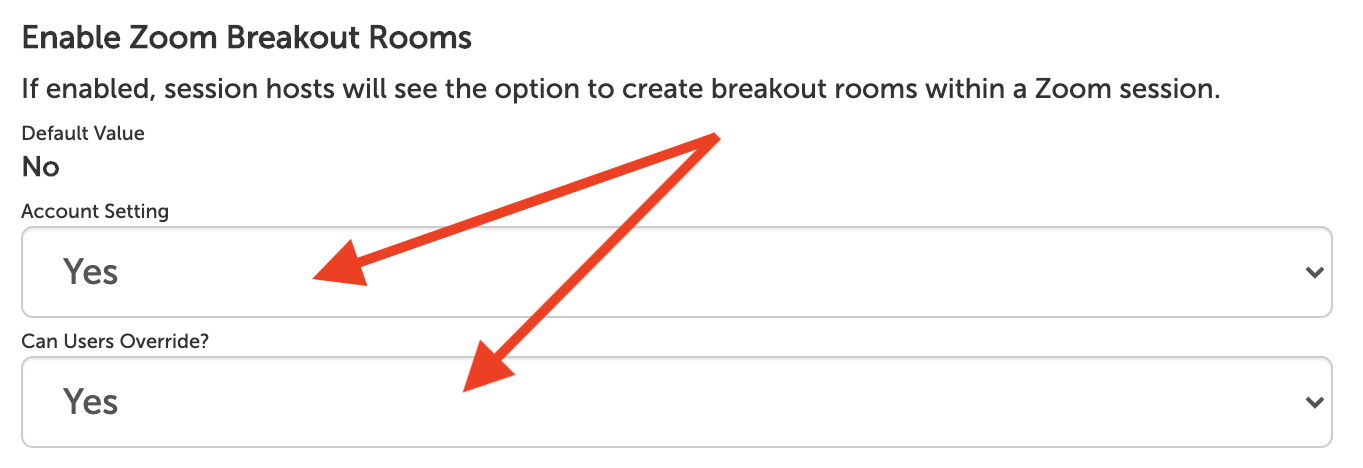 Arrow pointing at the Zoom breakout room option dropdowns