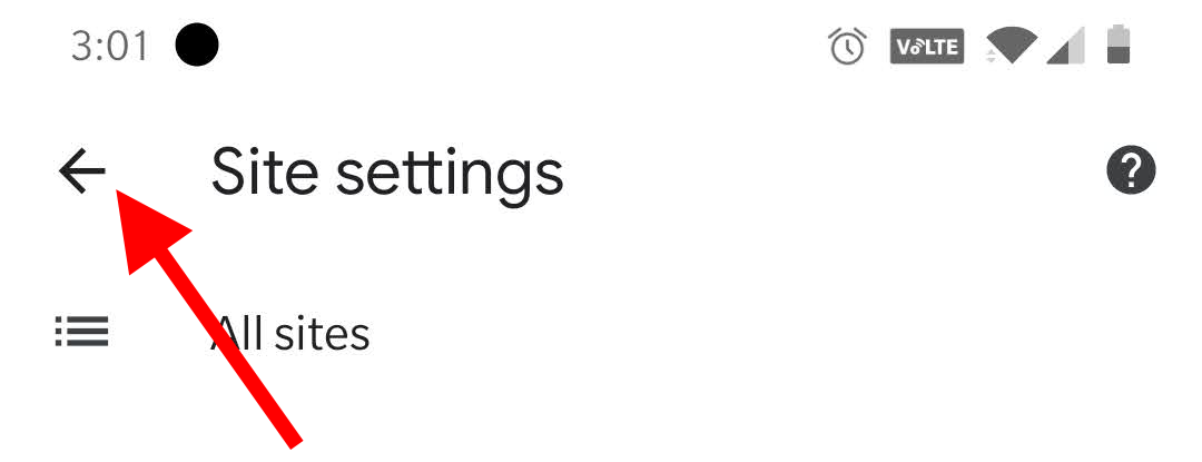 Arrow pointing at the back arrow to the left of "SIte settings"