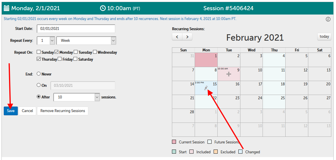 Arrow pointing from "Changed" in the legend to February 15