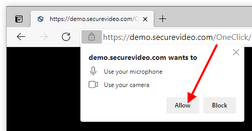 Arrow pointing at "Allow" button for Edge prompt to use microphone and camera